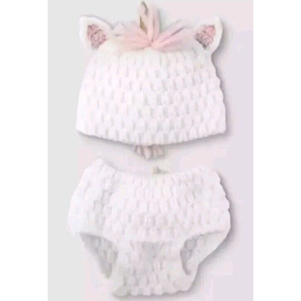 CLOUD ISLAND Unicorn Baby Knit Beanie Hat Diaper Cover Set Infant Photo Op NEW
